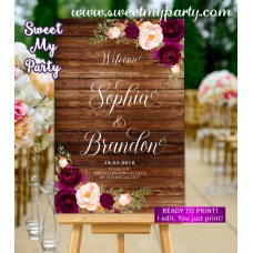 Rustic Wedding Welcome Sign,Burgundy Wedding Welcome sign,(93w)